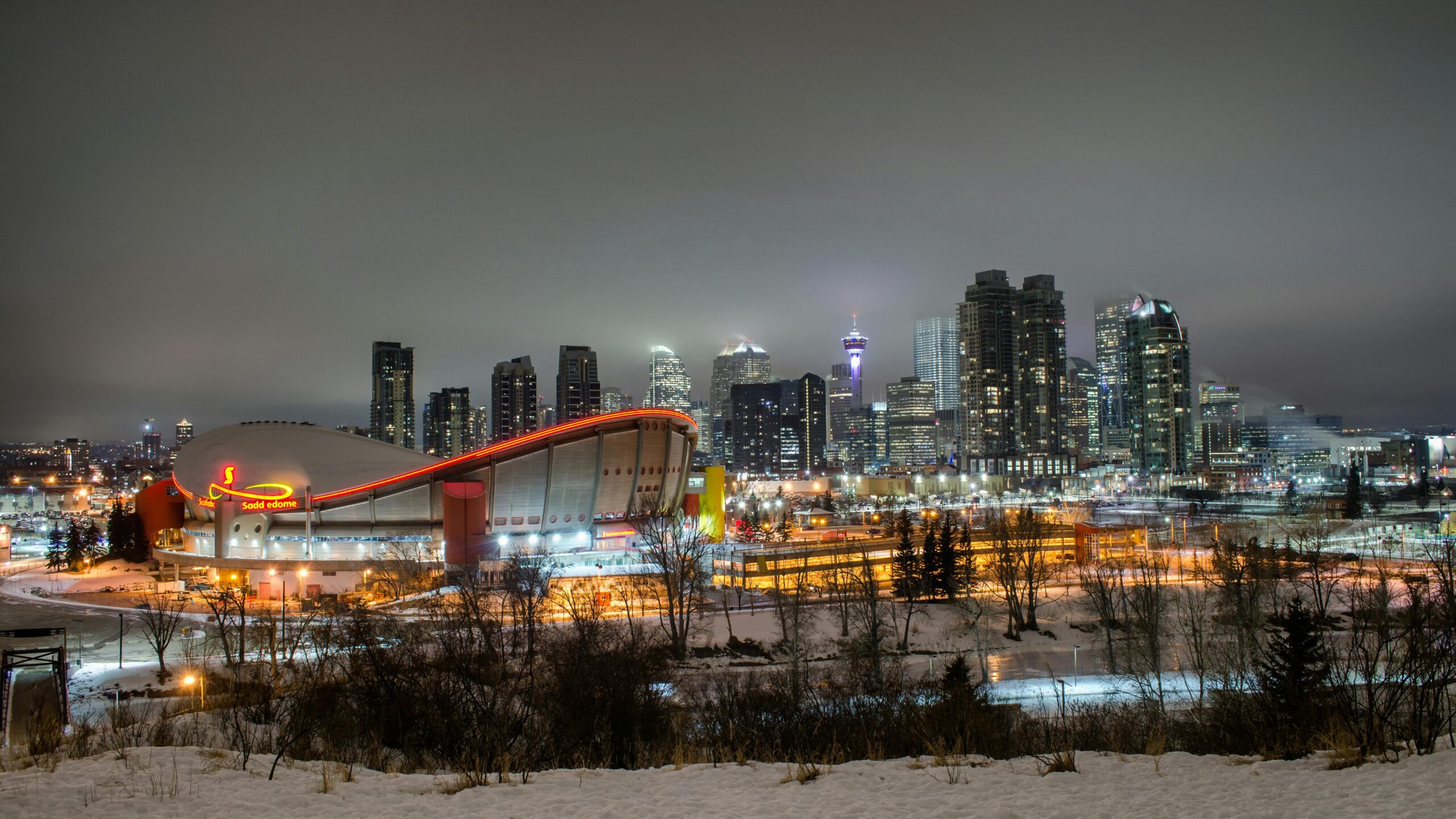 Stunning winter night view of Calgary's skyline, featuring the Saddledome under a snowy sky.